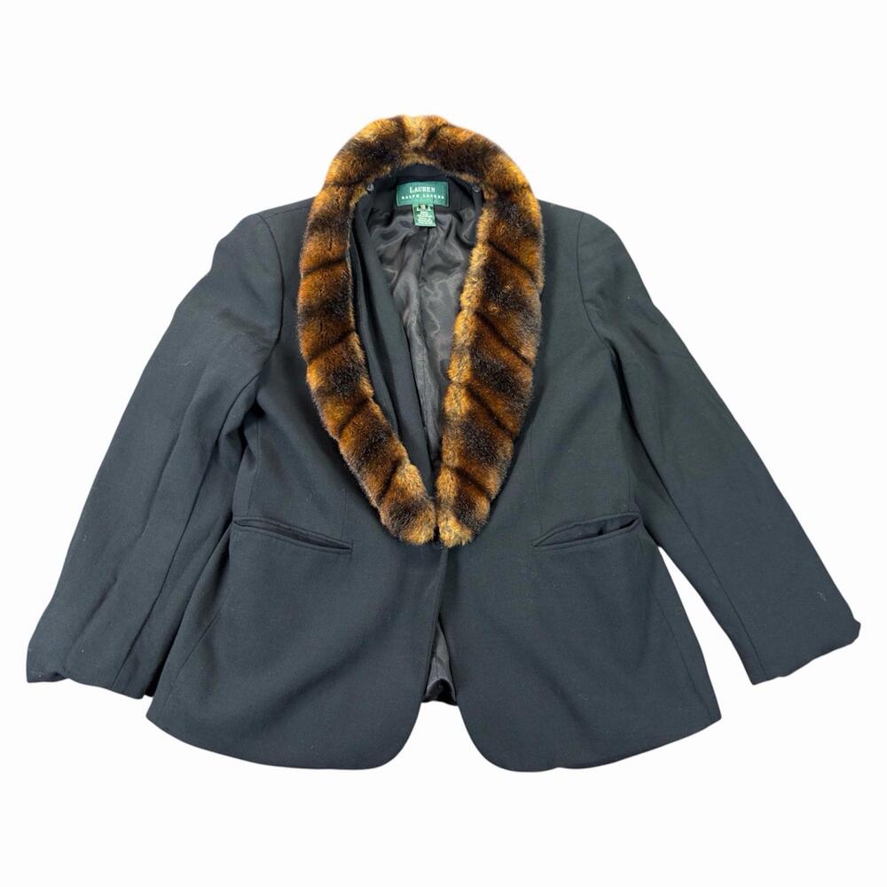 VTG Lauren Ralph Lauren Worsted Wool Green Label Faux Fur Collar Jacket Sz 12